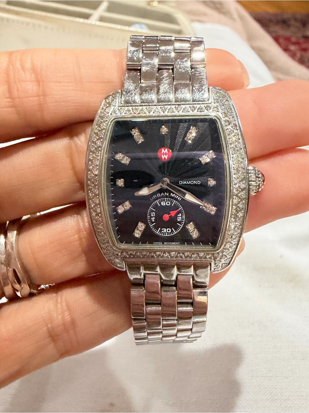 Michele Diamond-Set Stainless Steel Tonneau Watch — Black Dial - Picture 13 of 13